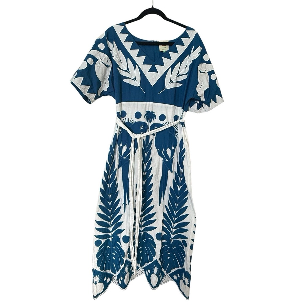 Farm Rio Blue White Embroidered Maxi Dress Tropical Sz S EUC Cruise Resort